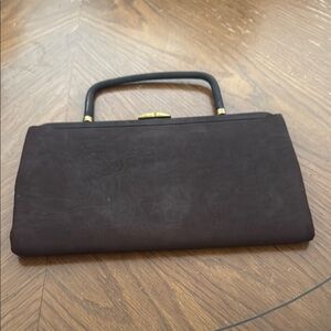 True Vintage Brown Fabric Snap Handbag Clutch with Handle Mirror Satin Lined